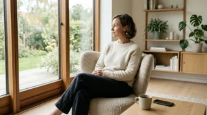 A person taking a quiet moment by a window in a bright Scandinavian home.
