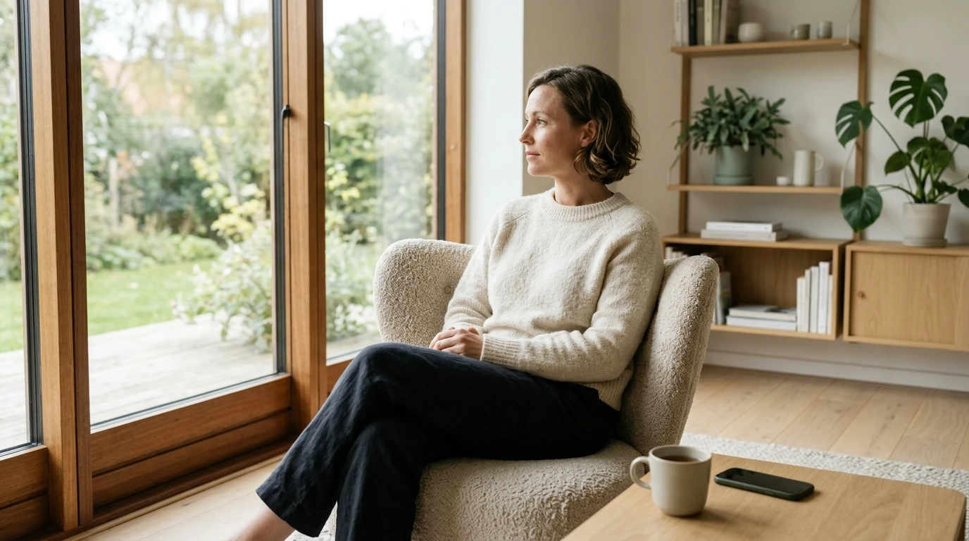 A person taking a quiet moment by a window in a bright Scandinavian home.