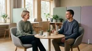 A manager listening attentively to an employee during a calm workplace conversation.