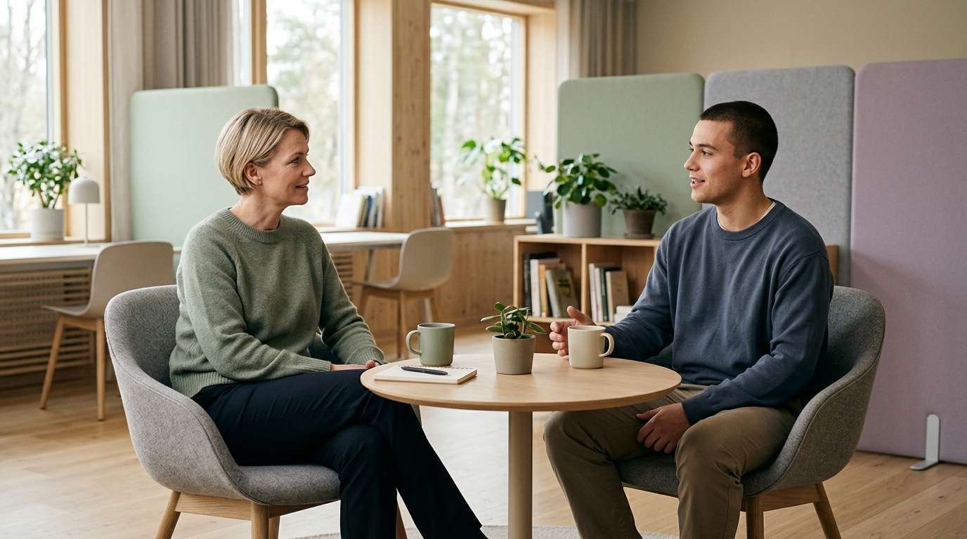 A manager listening attentively to an employee during a calm workplace conversation.