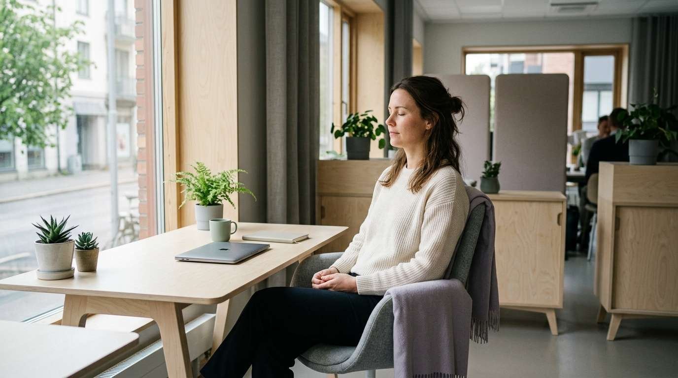 En medarbejder holder en kort pause og fokuserer på vejrtrækningen på arbejdet.