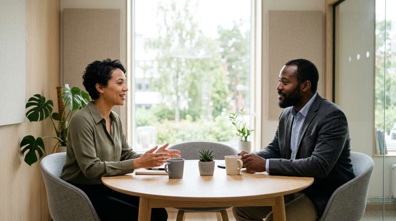 A manager and employee discussing wellbeing in a calm meeting room.