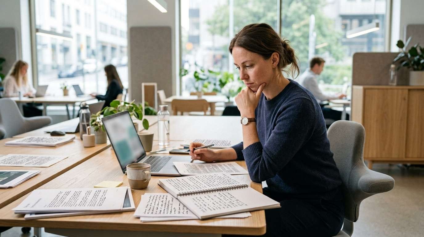 En medarbejder arbejder med flere opgaver og ser træt og eftertænksom ud.